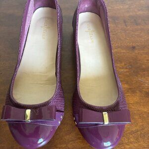Cole Haan Air Monica bow front snakeskin patent leather ballet flats plum